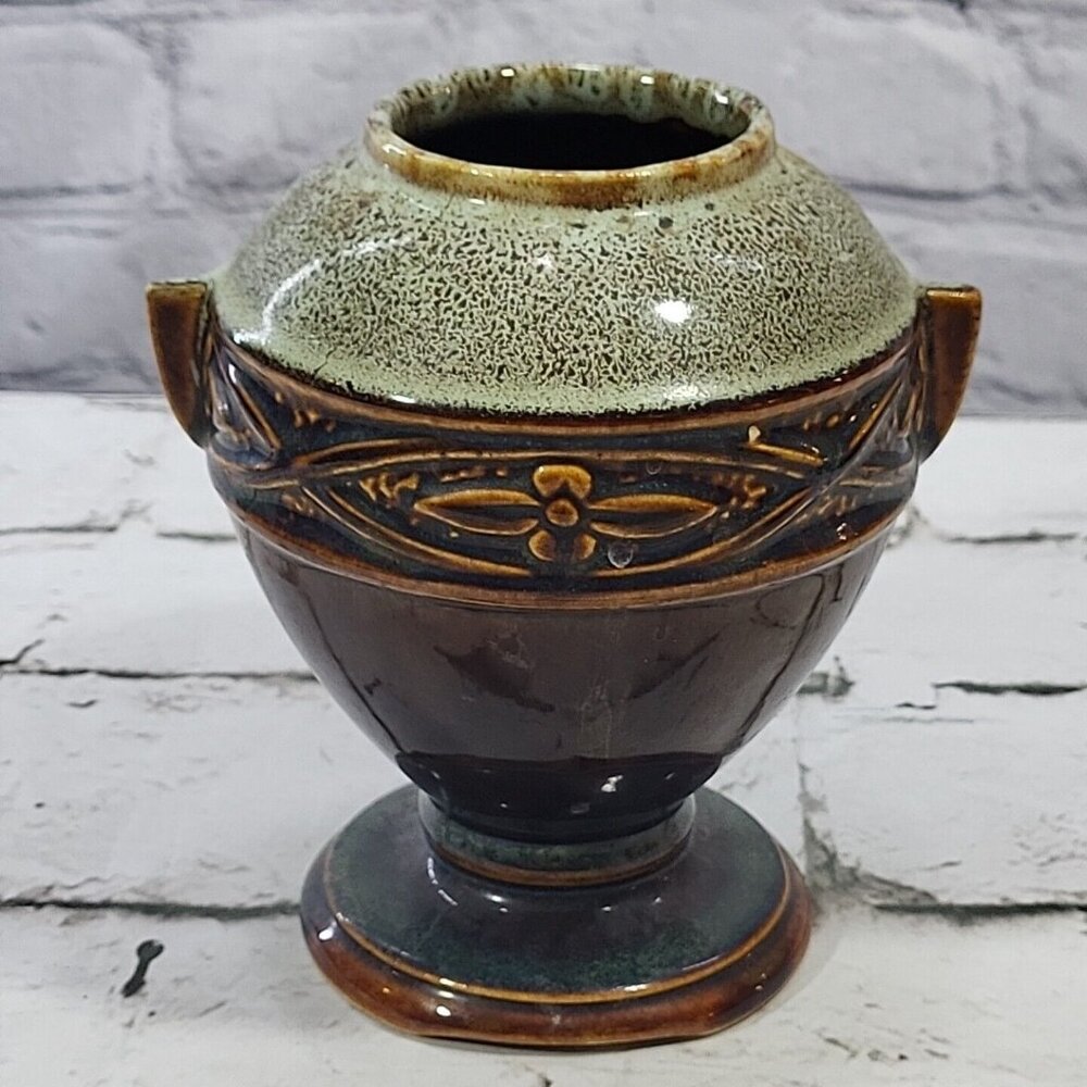 Mid Century‎ Hull Art Pottery Vase Green Glaze Tab Handle Urn Vase 1950's